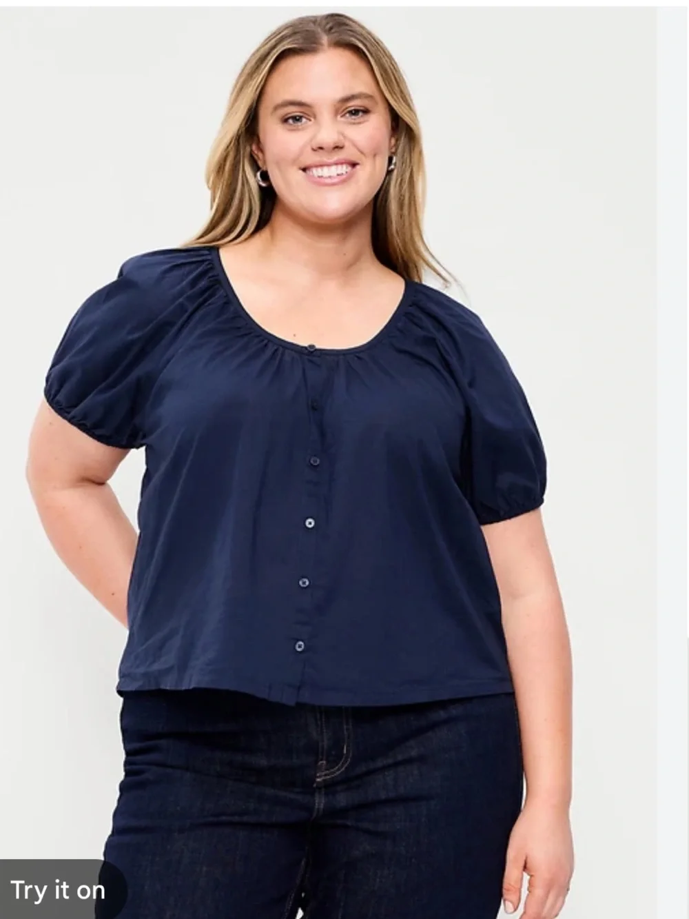 NWT Old Navy Navy Scoop-Neck Puff-Sleeve Button Blouse Size Large 100% Cotton